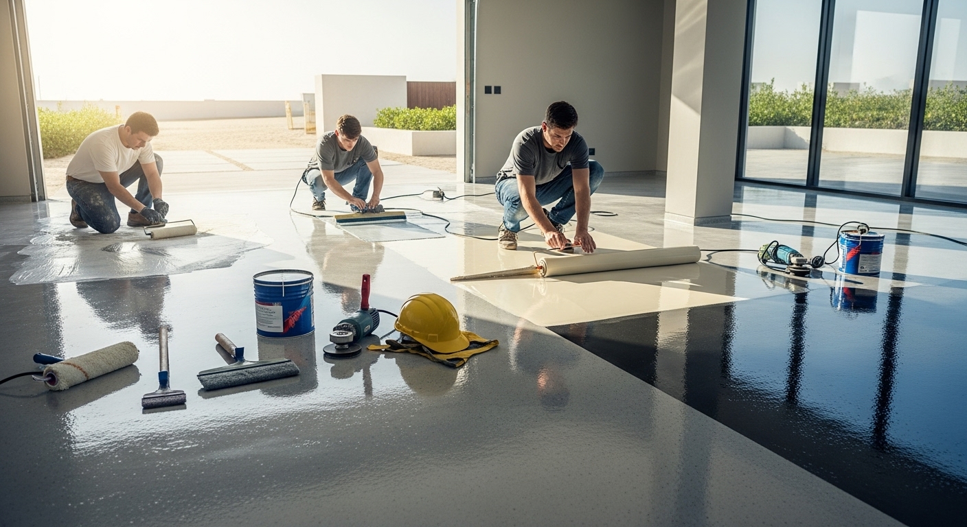step-by-step epoxy floor painting scene inside a modern Dubai home