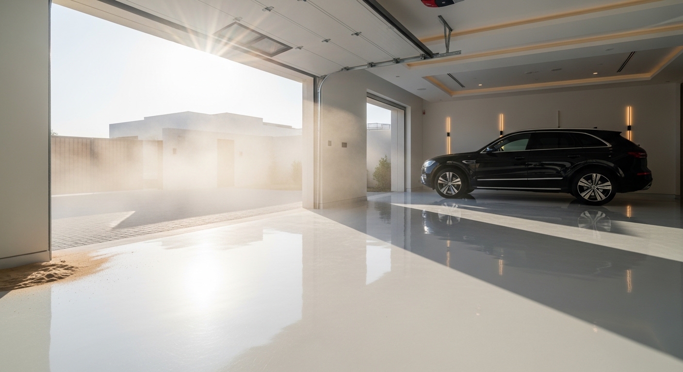 luxury villa garage in Dubai with glossy epoxy flooring